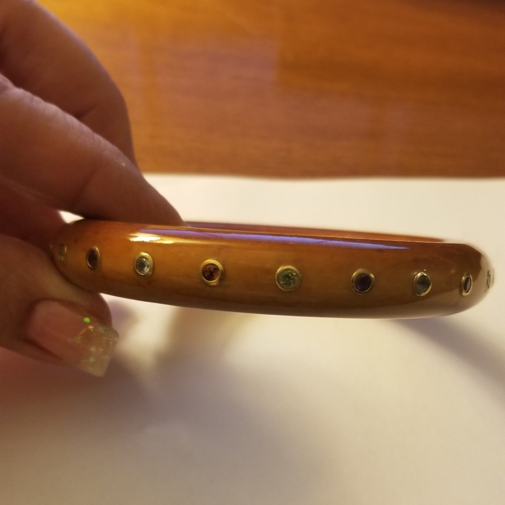 3 Wooden Bangles 14k Gold, Genuine Stones Inlayed